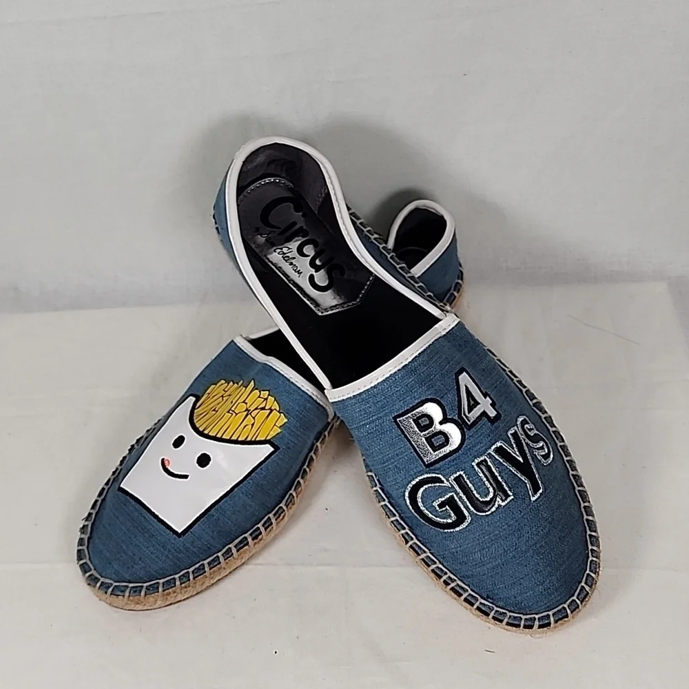 Sam Edelman Blue Denim Slip-On Espadrilles with Fries Graphic